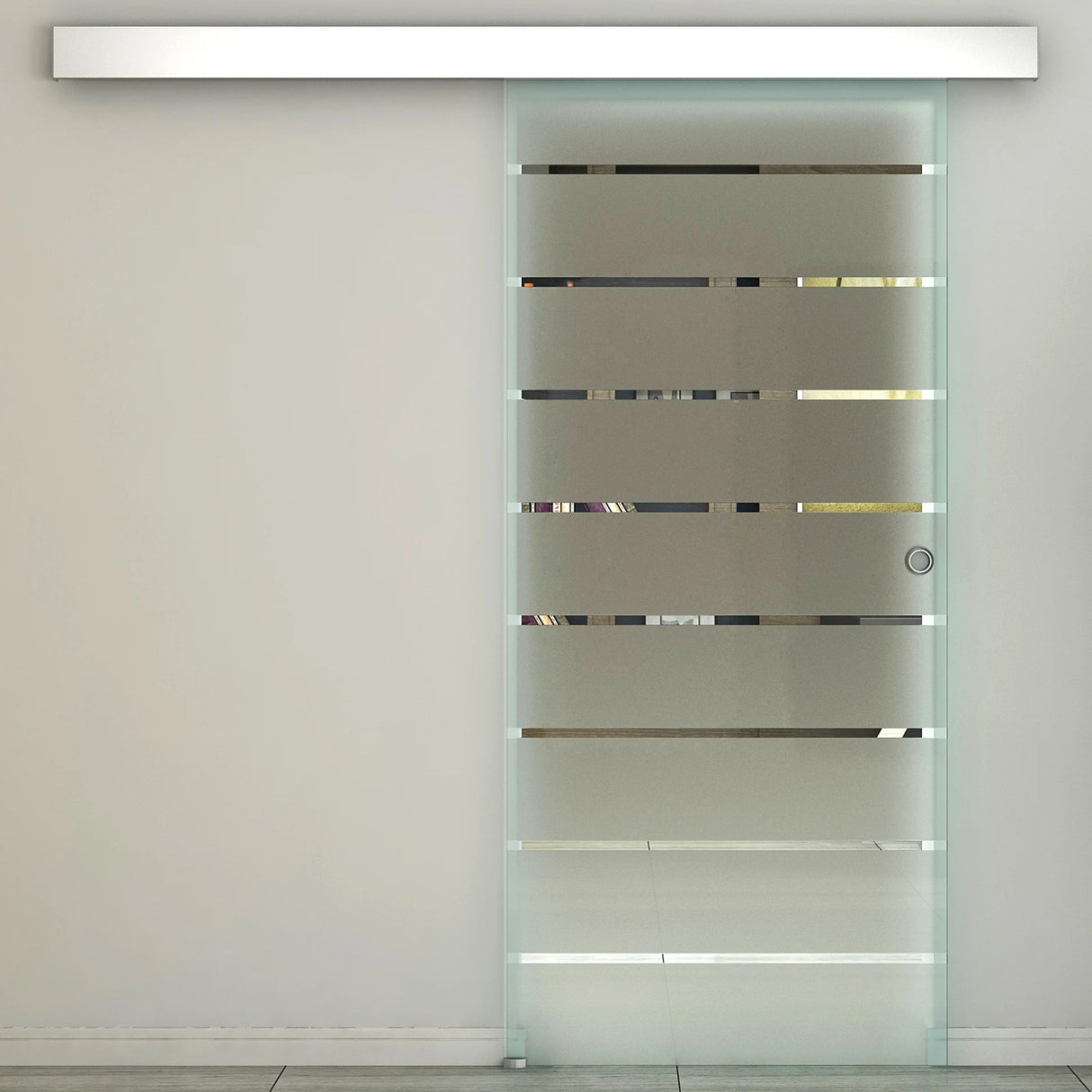HOMCOM 90cm Sliding Glass Door with Hardware Track Kit, Frosted Tempered Glass with Stripe Pattern, Round Handle