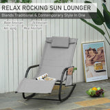 Outsunny Outdoor Garden Rocking Chair, Patio Sun Lounger Rocker Chair with Breathable Mesh Fabric, Removable Headrest Pillow, Armrest, Side Storage Bag, Grey