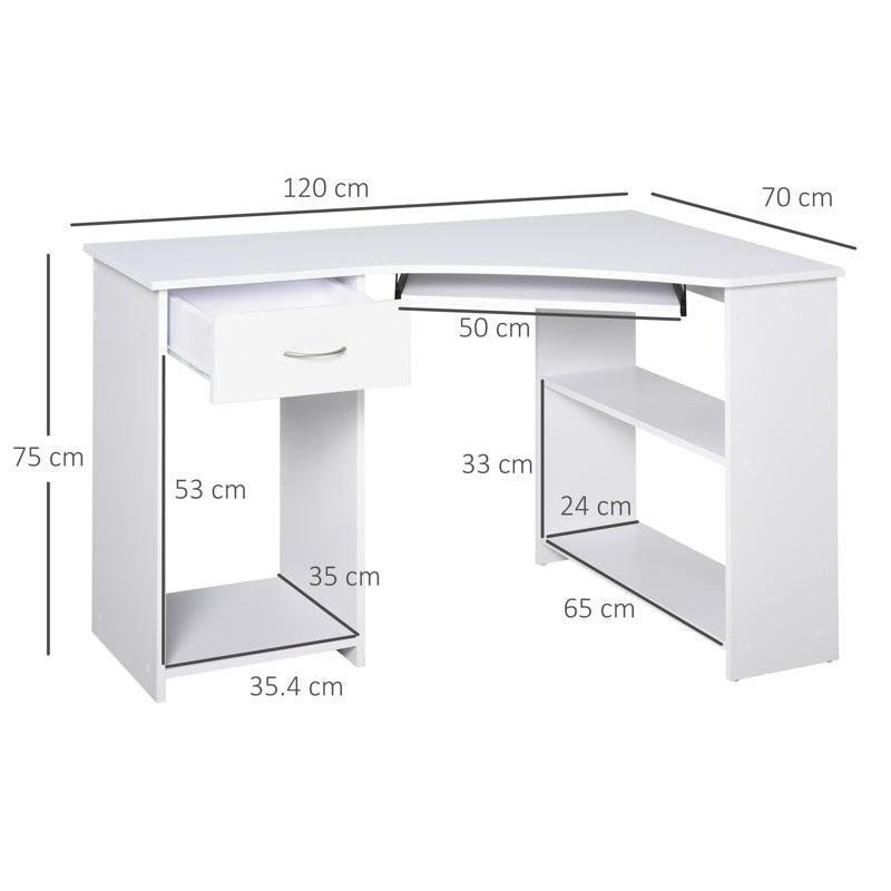 HOMCOM L-Shaped Corner Computer Desk w/ 2 Shelves Wide Worktop Keyboard Tray Drawer & CPU Stand Home Office Study Bedroom Furniture White