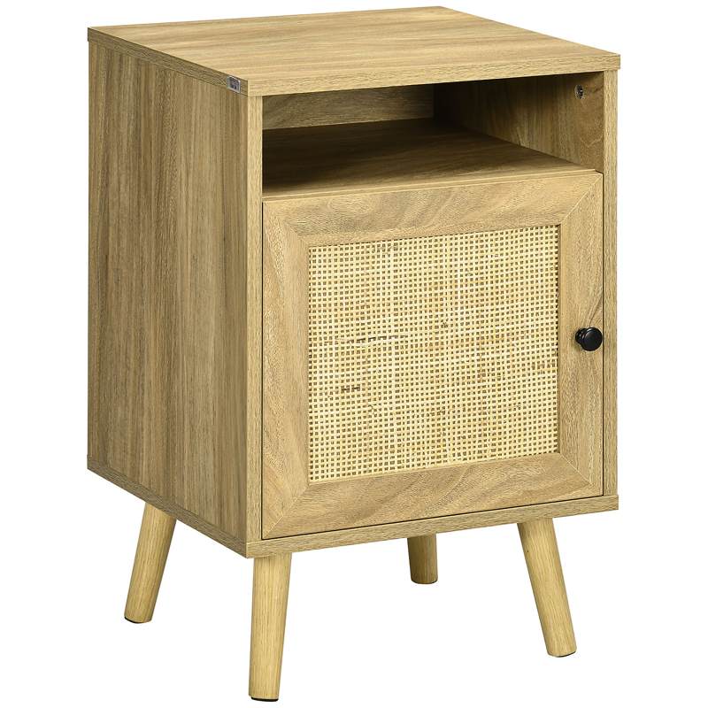 HOMCOM Bedside Table with Rattan Element, Side End Table with Shelf and Cupboard, 39cmx35cmx60cm, Natural