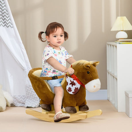 HOMCOM Kids Rocking Horse, with Safety Harness, Sounds, Foot Pedals - Brown