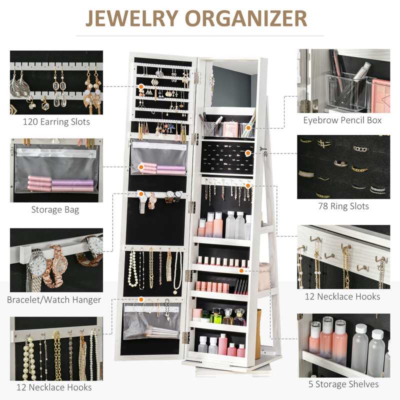 HOMCOM 360 Swivel Jewellery Cabinet with Full Length Mirror, Lockable Jewellery Organiser with Built-in Makeup Mirror and Storage Shelves for Bedroom, White