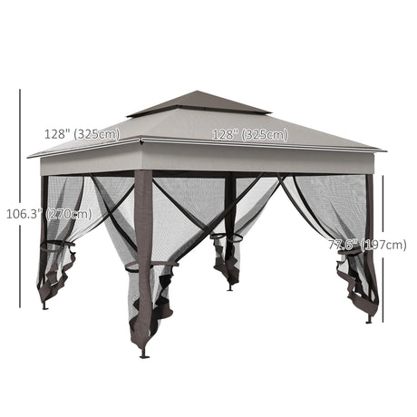 Outsunny 3.25 x 3.25m Pop Up Gazebo, Double-roof Garden Tent with Netting and Carry Bag, Party Event Shelter for Outdoor Patio, Brown and Grey