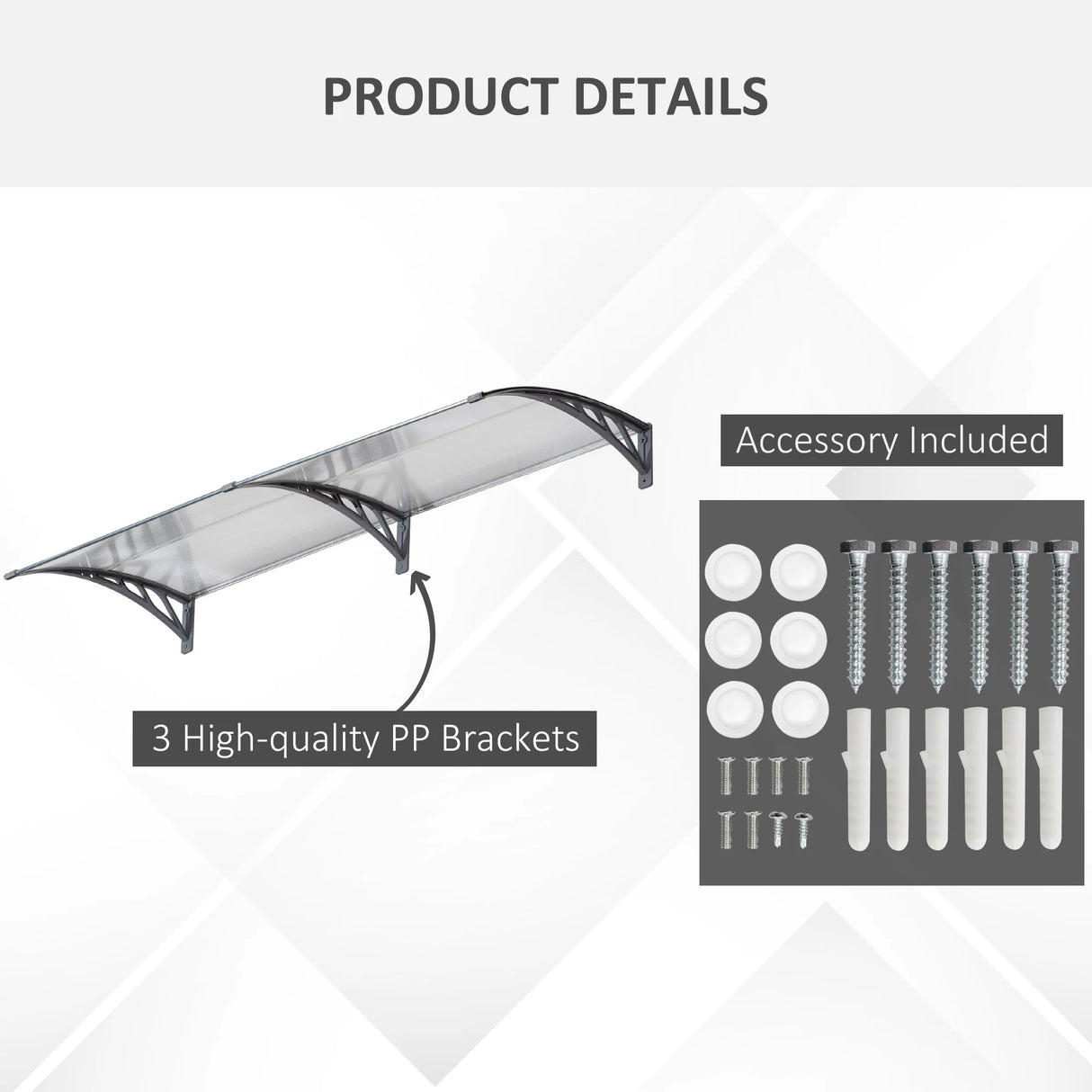 Outsunny Front Door Canopy Outdoor Awning Aluminium Rigid Plastic Polycarbonate Rain Shelter UV Water Rain Resistant 196 x 75cm Clear