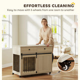 PawHut Dog Crate Furniture on Wheels, Dog Cage with 2 Drawers, Sliding Door, for Medium Large Dogs, Oak Tone