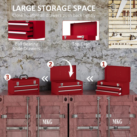 DURHAND Lockable Metal Tool Box, 2 Drawer Tool Chest with Latches, Handle, Ball Bearing Runners, Red