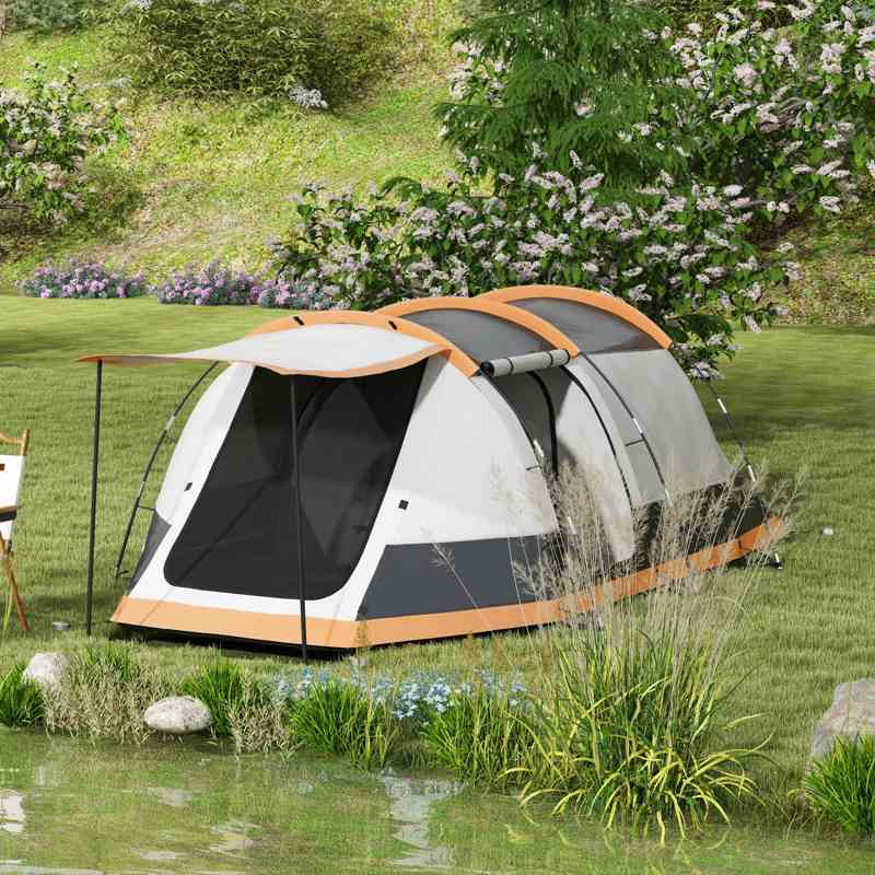 Outsunny Three-Man Camping Tent, with Two Rooms and Porch - Orange