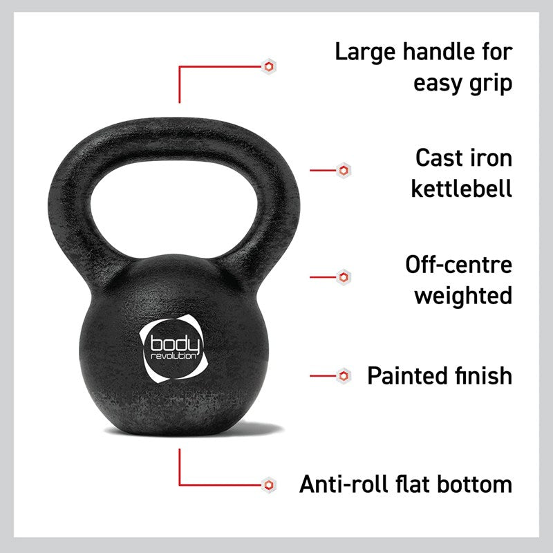 Body Revolution Cast Iron Kettlebell - Anti-Roll Design, Comfort Handle, Available from 2kg to 28kg for Home and Gym Workouts  8kg