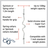 Body Revolution EZ 1" Super Curl Barbell Bar 1.2m Spring Collar