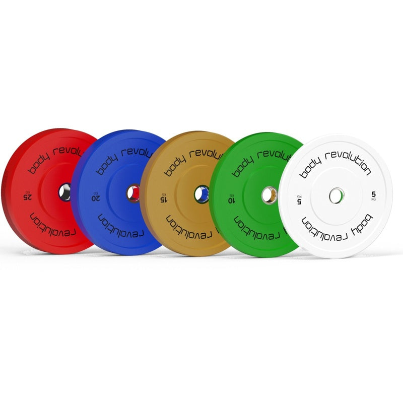 Body Revolution Olympic Bumper Plates - High-Density Rubber, IWF Colour-Coded, 5kg to 25kg, Ideal for Weightlifting & Strength Training  60kg SET (2x5kg + 2x10kg + 2x15kg)