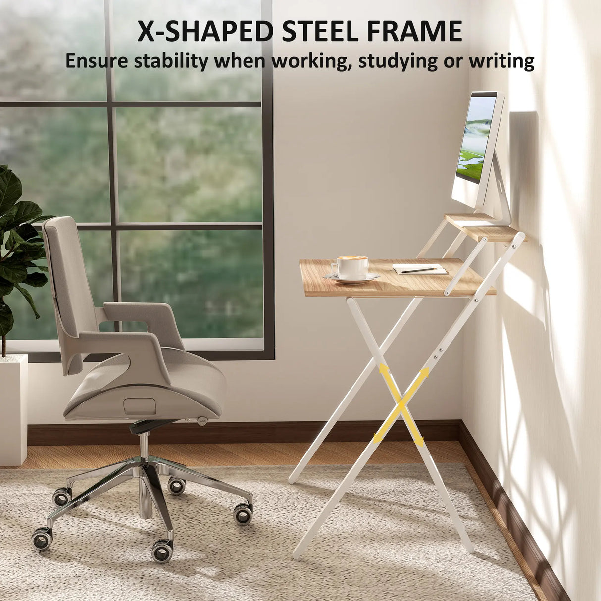 HOMCOM 70 cm Folding Computer Desk with Monitor Shelf - Natural Wood Finish