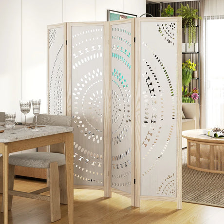 166cm 4-Panel Room Divider with Carved Pattern and Solid Wood Frame