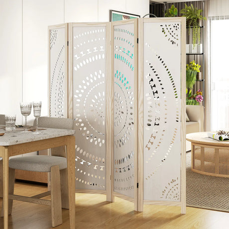 166cm 4-Panel Room Divider with Carved Pattern and Solid Wood Frame