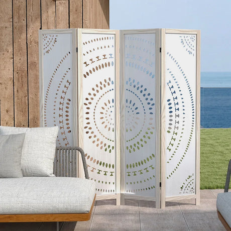 166cm 4-Panel Room Divider with Carved Pattern and Solid Wood Frame