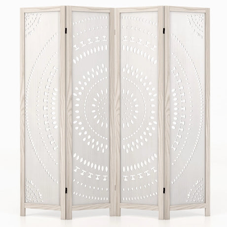 166cm 4-Panel Room Divider with Carved Pattern and Solid Wood Frame