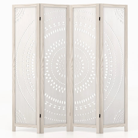 166cm 4-Panel Room Divider with Carved Pattern and Solid Wood Frame