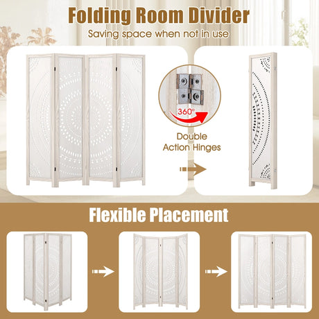 166cm 4-Panel Room Divider with Carved Pattern and Solid Wood Frame