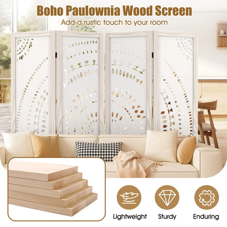 166cm 4-Panel Room Divider with Carved Pattern and Solid Wood Frame