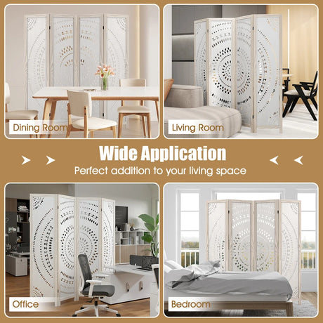 166cm 4-Panel Room Divider with Carved Pattern and Solid Wood Frame