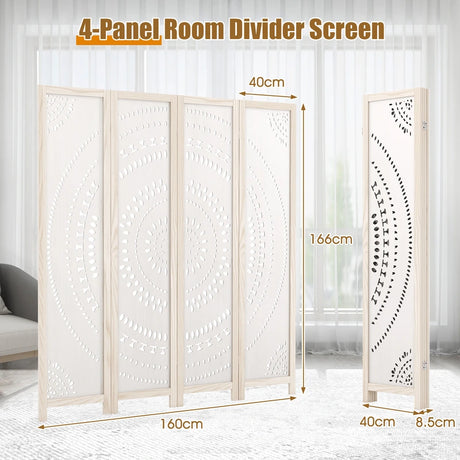166cm 4-Panel Room Divider with Carved Pattern and Solid Wood Frame
