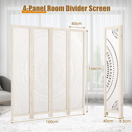 166cm 4-Panel Room Divider with Carved Pattern and Solid Wood Frame