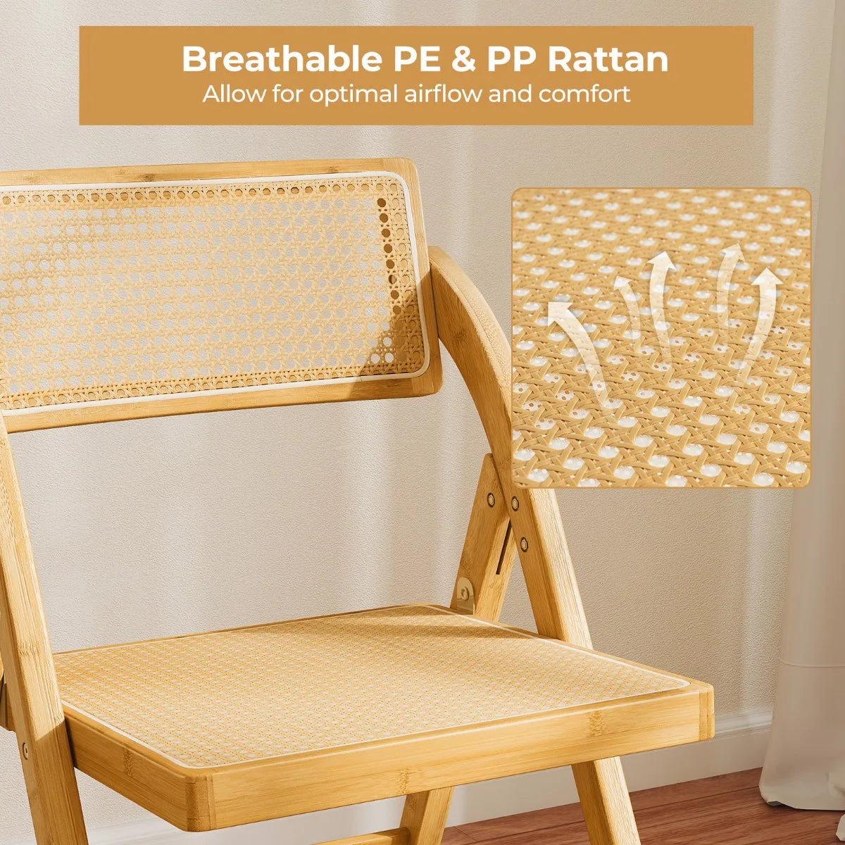 Boho Accent Rattan Cane Folding Chairs Set of 2 Bamboo Dining Chairs-Natural