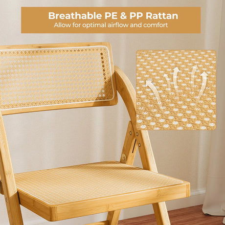 Boho Accent Rattan Cane Folding Chairs Set of 2 Bamboo Dining Chairs-Natural