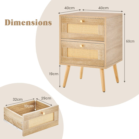 Rattan Nightstand Boho Accent Bedside Table with 2 Storage Drawers-Natural