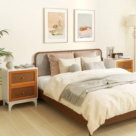 Boho Accent Table Nightstand with 2 Handwoven Rattan Decorated Drawers-White