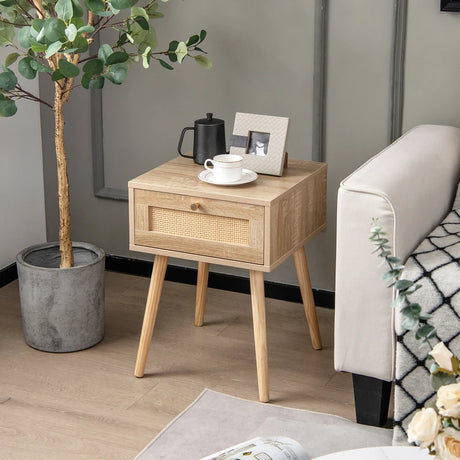 Set of 2 Rattan Bedside Tables with Drawers Side Table Nightstand Night Console Sofa Table