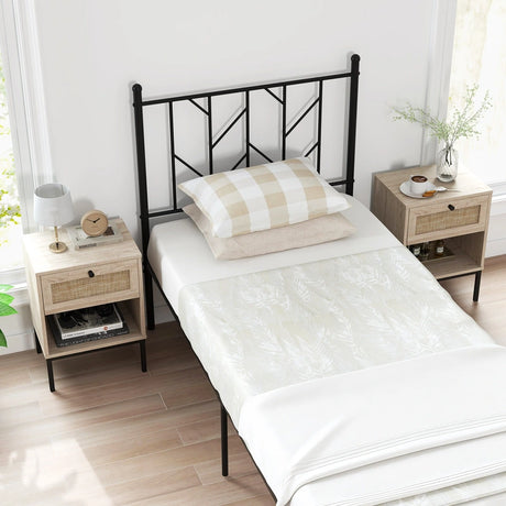 Set of 2 Boho Style Nightstand with Rattan Drawer and Open Shelf-Oak