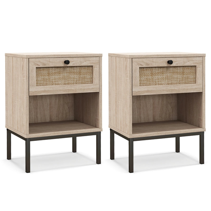 Set of 2 Boho Style Nightstand with Rattan Drawer and Open Shelf-Oak