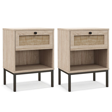 Set of 2 Boho Style Nightstand with Rattan Drawer and Open Shelf-Oak