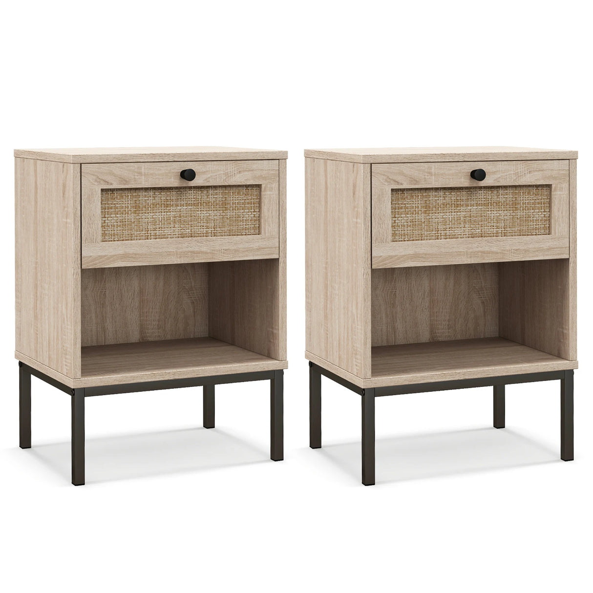 Set of 2 Boho Style Nightstand with Rattan Drawer and Open Shelf-Oak