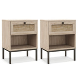 Set of 2 Boho Style Nightstand with Rattan Drawer and Open Shelf-Oak
