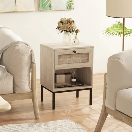 Set of 2 Boho Style Nightstand with Rattan Drawer and Open Shelf-Oak