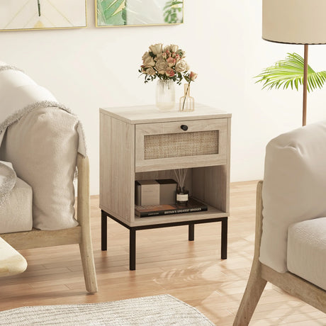 Set of 2 Boho Style Nightstand with Rattan Drawer and Open Shelf-Oak