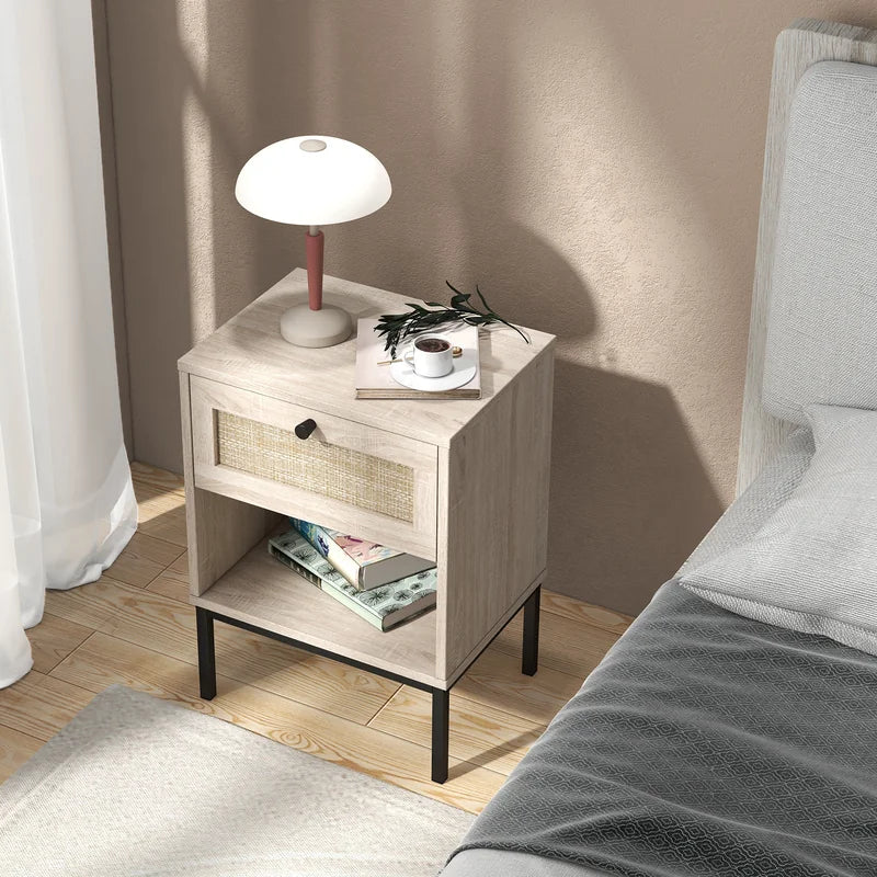 Set of 2 Boho Style Nightstand with Rattan Drawer and Open Shelf-Oak