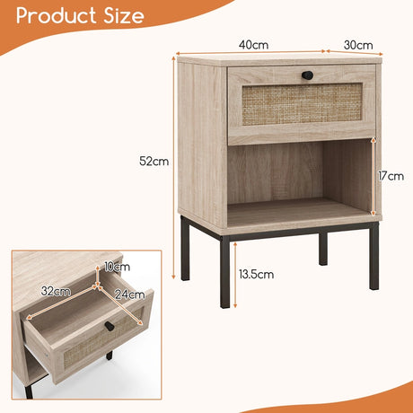 Set of 2 Boho Style Nightstand with Rattan Drawer and Open Shelf-Oak