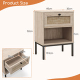 Set of 2 Boho Style Nightstand with Rattan Drawer and Open Shelf-Oak