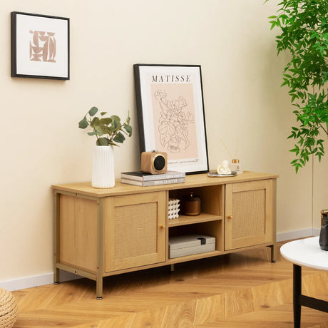 Boho TV Stand for TV up to 55 Inches with Faux Rattan Door-Natural