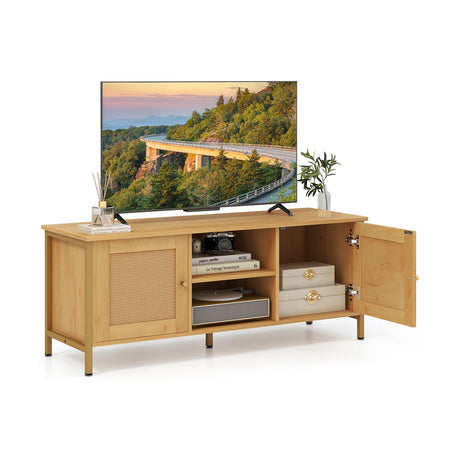 Boho TV Stand for TV up to 55 Inches with Faux Rattan Door-Natural