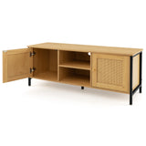 Boho TV Stand Media Console Table with 2 Cabinets and Open Shelf-Yellow