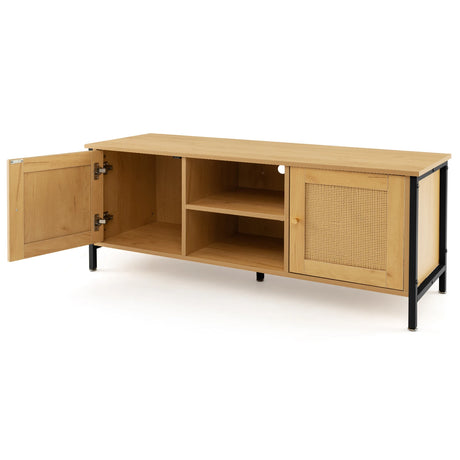Boho TV Stand Media Console Table with 2 Cabinets and Open Shelf-Yellow