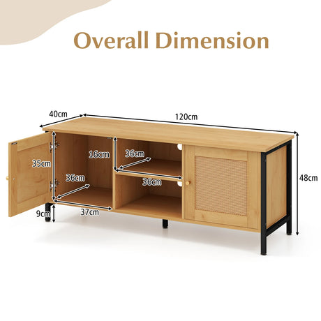 Boho TV Stand Media Console Table with 2 Cabinets and Open Shelf-Yellow