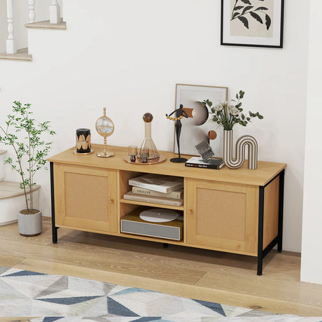 Boho TV Stand Media Console Table with 2 Cabinets and Open Shelf-Yellow