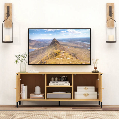 Boho TV Stand Media Console Table with 2 Cabinets and Open Shelf-Yellow