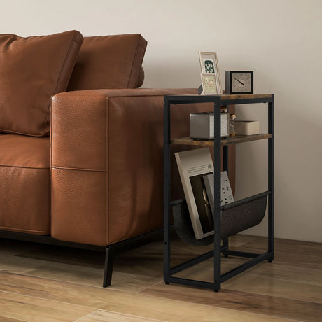 HOMCOM Narrow Side Table, End Table with 3-Tier Storage, V-Shaped Magazine Holder for Living Room, Bedroom, 43 x 18 x 56 cm, Ru
