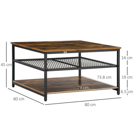 HOMCOM Coffee Table, Living Room Table with 3-Tier Storage Shelves, Square Tea Table for Home Office, Rustic Brown