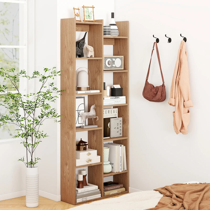 12-Tier Bookcase with Anti-Tipping Kits and Wood Display Shelf-Natural